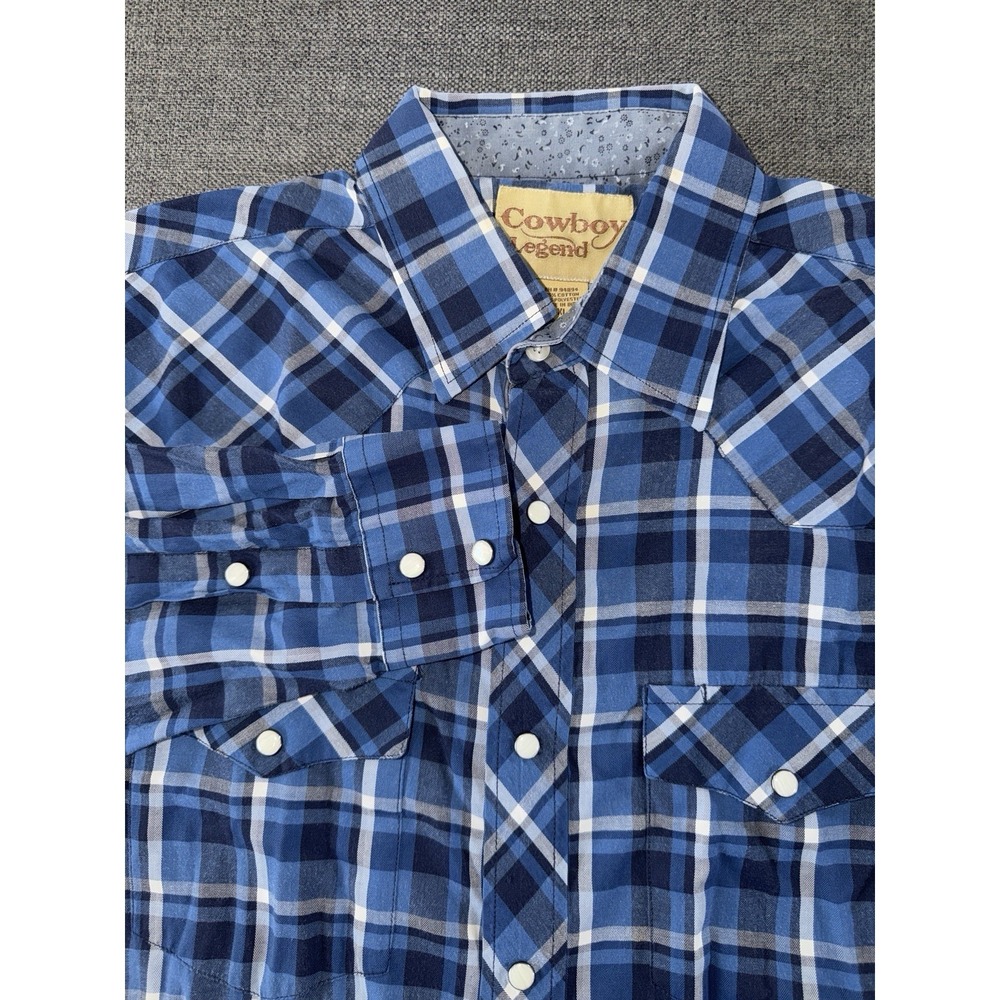 Cowboy Legend Men's XL Western Shirt Blue Plaid Pearl Snap‎ Long Sleeve Ranch